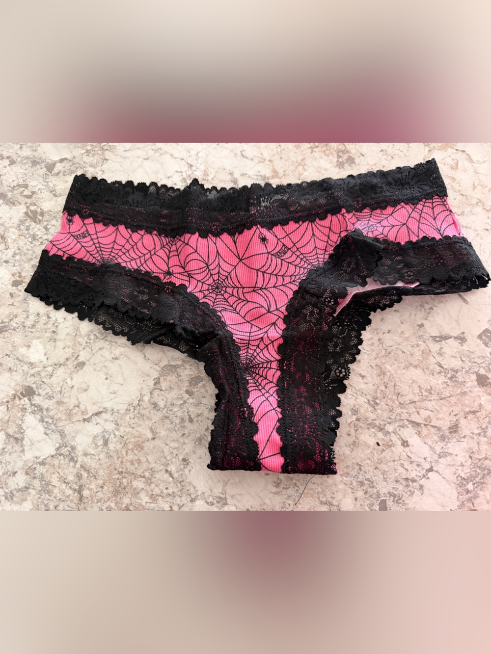VS PINK Lace Trim Ribbed Cotton Cheeky Halloween Panty Spiderweb NWT Small